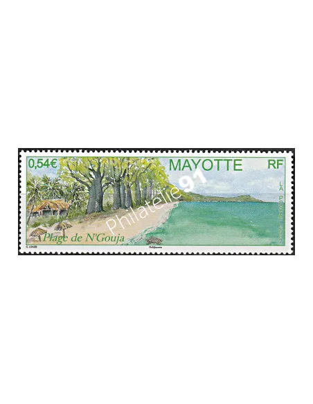 Mayotte n° 206, plage et tortue, collection timbres Dom-Tom