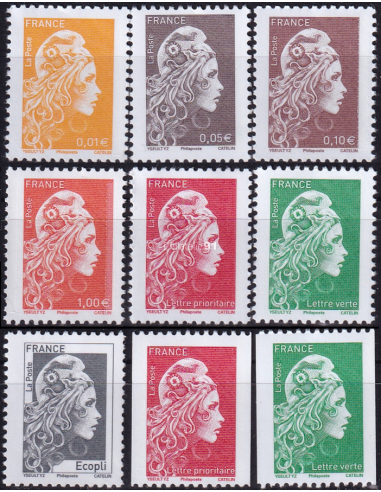  N° 5248A à 5256A - Les 9 timbres gommés Marianne l'engagée - mention  Philaposte au lieu de Phil@poste (230922-2)